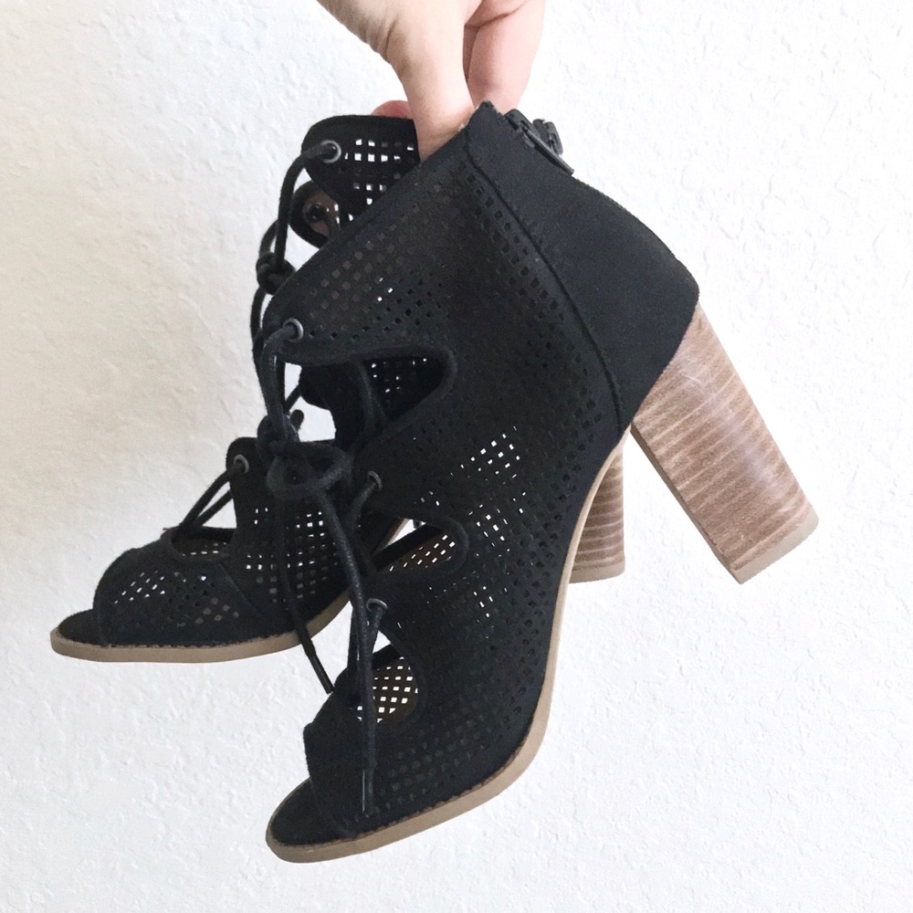 black lace up heels with mesh detailing